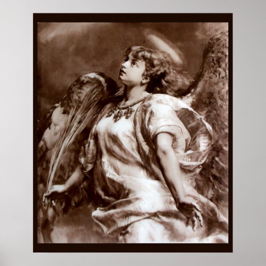 ROMANTISCHE ENGEL MET VEER IN BRUINE SEPIA, WIT POSTER (Voorkant)