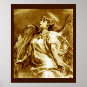 ROMANTISCHE ENGEL MET VEER IN BRUINE SEPIA, WIT POSTER