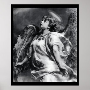 ROMANTISCHE ENGEL MET VEER IN ZWART EN WIT POSTER