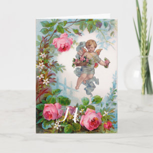 ROMANTISCHE ENGEL VERZAMELT ROZE ROZEN EN BLOEMEN FEESTDAGEN KAART