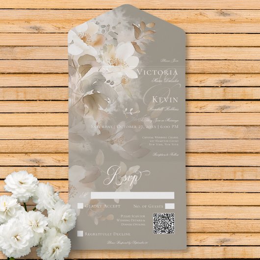 Romantische Etherische Neutrale Beige Bloemen QR C All In One Uitnodiging