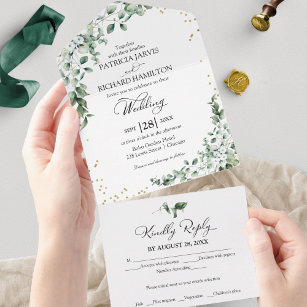 Romantische eucalyptus groen bruiloft all in one uitnodiging