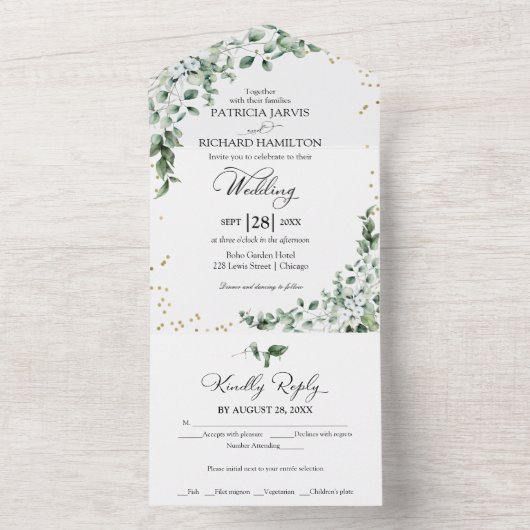 Romantische eucalyptus groen bruiloft all in one uitnodiging (Binnen)