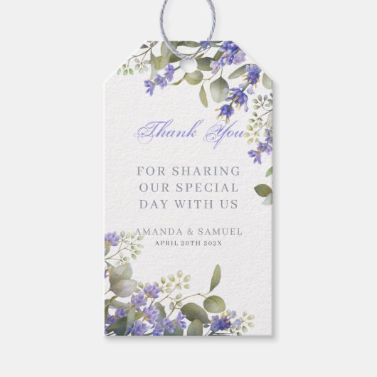 Romantische Eucalyptus & Lavendel Bruiloft Cadeaulabel (Voorkant)