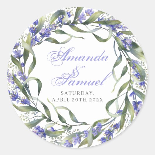 Romantische Eucalyptus & Lavendel Bruiloft Ronde Sticker (Voorkant)