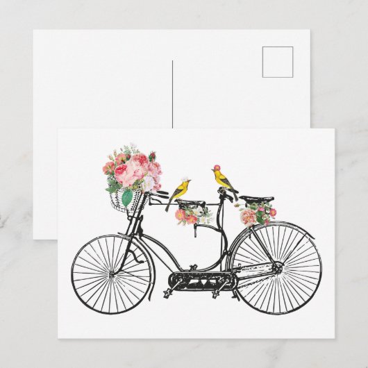 Romantische  fietsbloemen en -vogels feestdagenkaart (Voorkant / Achterkant)