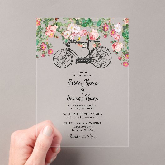 Romantische  fietsenbloemen en vogelweddenschappen acryl uitnodigingen (Insitu (Draagbaar))
