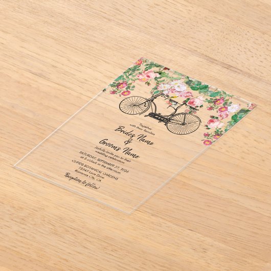 Romantische  fietsenbloemen en vogelweddenschappen acryl uitnodigingen (Laagn)