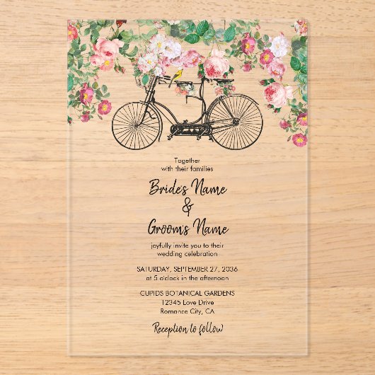 Romantische fietsenbloemen en vogelweddenschappen acryl uitnodigingen (Voorkant)