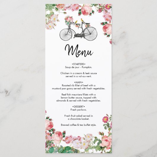 Romantische  fietsenbloemen en vogelweddenschappen menu (Voorkant)