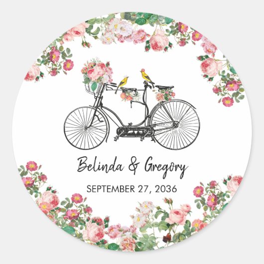 Romantische  fietsenbloemen en vogelweddenschappen ronde sticker (Voorkant)