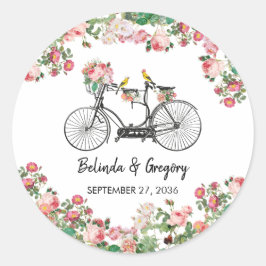 Romantische  fietsenbloemen en vogelweddenschappen ronde sticker