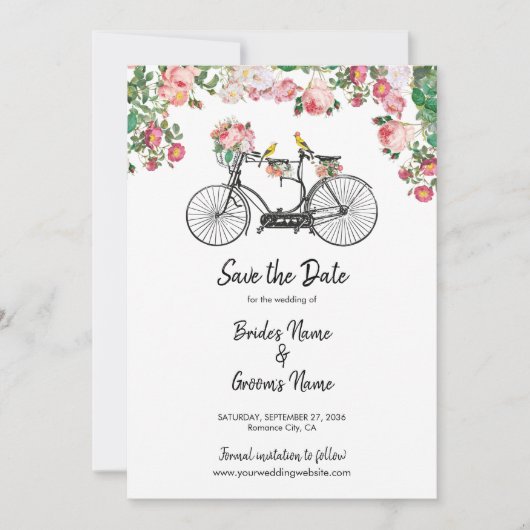 Romantische  fietsenbloemen en vogelweddenschappen save the date (Voorkant)