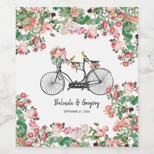 Romantische  fietsenbloemen en vogelweddenschappen wijn etiket (Enkel label)