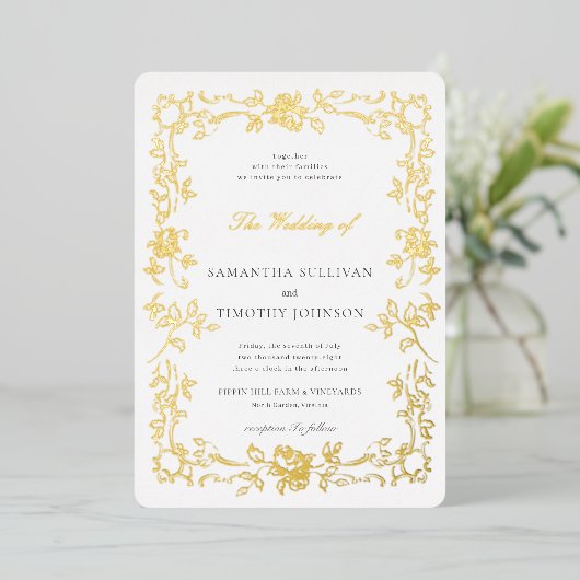 Romantische Fine Art Bruiloft  Frans Lijst Folie Uitnodiging (Staand Voorkant)