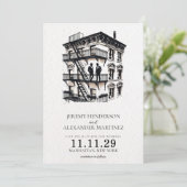 Romantische Fire Escape Grooms Save The Date (Staand voorkant)