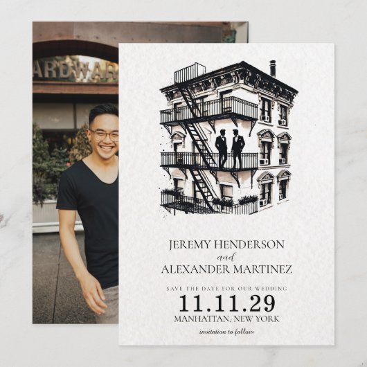 Romantische Fire Escape Grooms Save The Date (Voorkant / Achterkant)