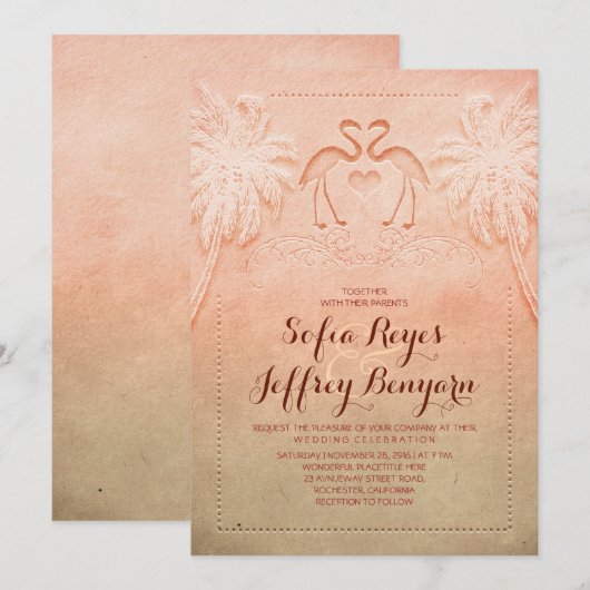 Romantische Flamingo Beach bruiloft uitnodiging (Voorkant / Achterkant)