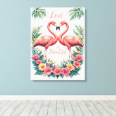 Romantische flamingo liefde hart illustratie canvas afdruk (Insitu (Houten vloer))