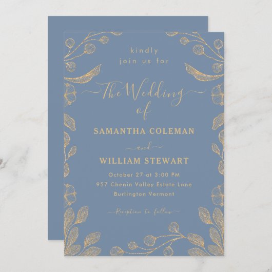 Romantische Floral Botanische Periwinkle Bruiloft Kaart (Voorkant / Achterkant)