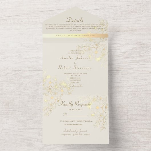 Romantische Floral Champagne Gouden bruiloft All In One Uitnodiging (Binnen)