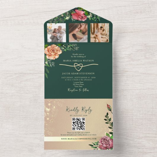 Romantische Floral Emerald Green Wedding All In One Uitnodiging (Binnen)