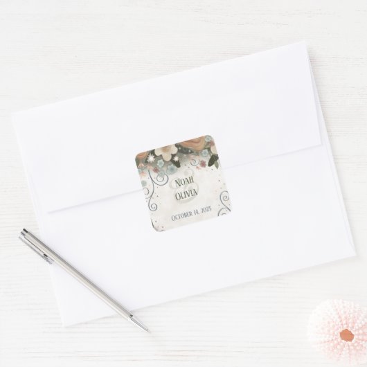 Romantische Floral Inspirivity Bruiloft Elegant Vierkante Sticker (Envelop)