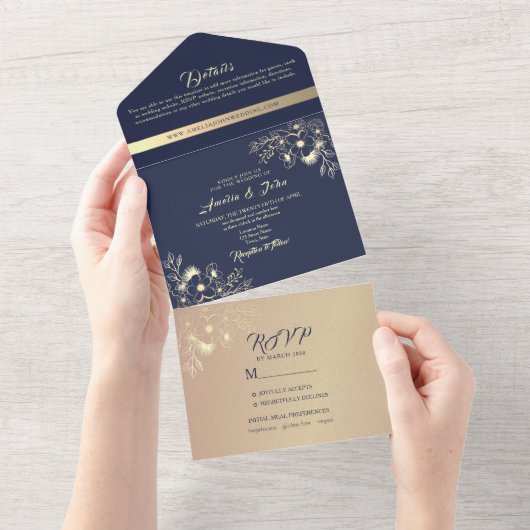 Romantische Floral Navy en gouden bruiloft All In One Uitnodiging (Afscheurbaar)