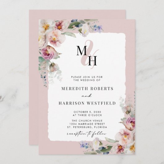 Romantische Floral QR Code Monogram Bruiloft Kaart (Voorkant / Achterkant)