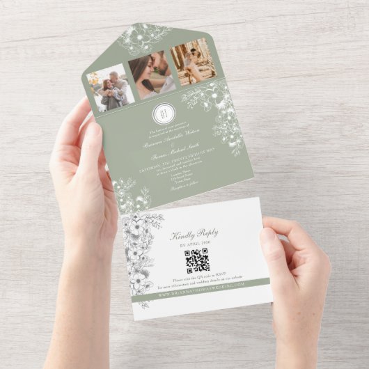 Romantische Floral Sage Green Wedding All In One Uitnodiging (Afscheurbaar)
