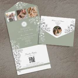 Romantische Floral Sage Green Wedding All In One Uitnodiging