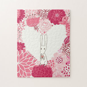 Romantische florale achtergrond met schattig konij legpuzzel