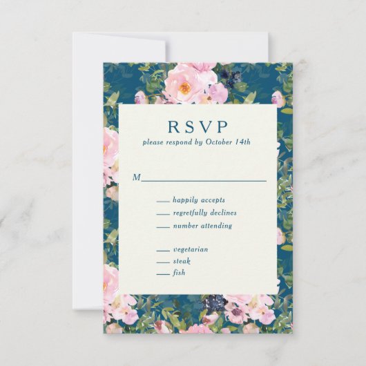  Romantische Florals in Blue Wedding RSVP Kaartje (Voorkant)