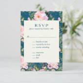  Romantische Florals in Blue Wedding RSVP Kaartje (Staand voorkant)
