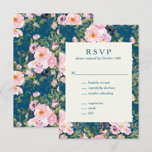  Romantische Florals in Blue Wedding RSVP Kaartje (Voorkant / Achterkant)