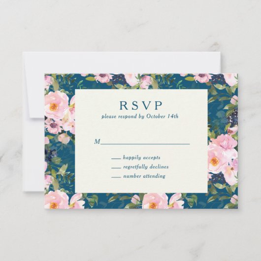  Romantische Florals in Blue Wedding Simple RSVP Kaartje (Voorkant)