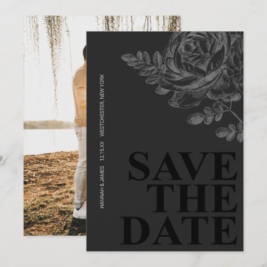 Romantische foto Floral Zwart Wit Save the Date Kaart (Voorkant / Achterkant)