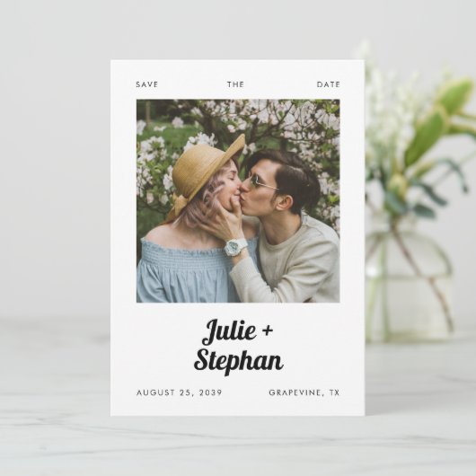Romantische  foto Retro Namen Casual bruiloft Save The Date (Staand voorkant)