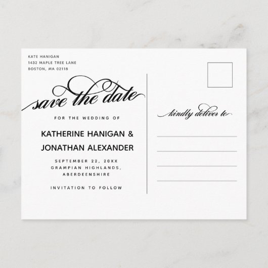 Romantische fotocollage bruiloft zwart script aankondigingskaart (Achterkant)