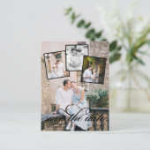 Romantische fotocollage bruiloft zwart script aankondigingskaart (Staand voorkant)