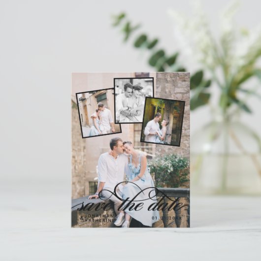 Romantische fotocollage bruiloft zwart script aankondigingskaart (Staand voorkant)