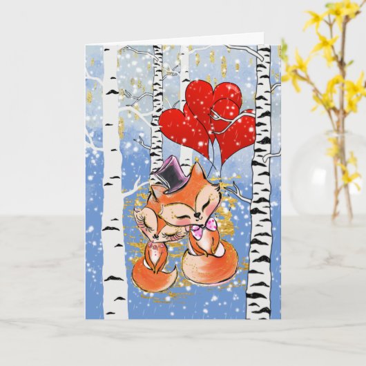 Romantische fox-sneeuw rode hartafels kaart (Gele Bloem)