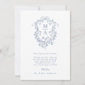 Romantische Franse Blauwe Bloemenkam Trouwfoto Bedankkaart (Achterkant)