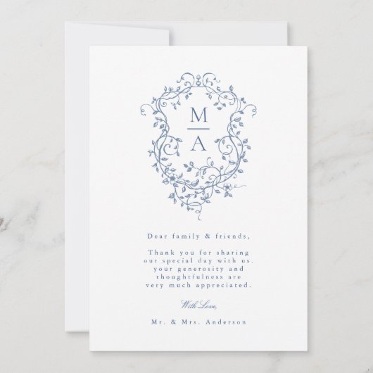 Romantische Franse Blauwe Bloemenkam Trouwfoto Bedankkaart (Achterkant)