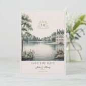 Romantische Franse Château Monogram Huwelijk Save The Date (Staand voorkant)