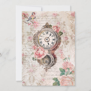 Romantische Franse Rozen, Clock & Filigree Collage Notitiekaartje