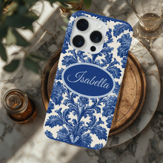 Romantische Franse Toile Poederblauwe Persoonlijke iPhone 15 Pro Case