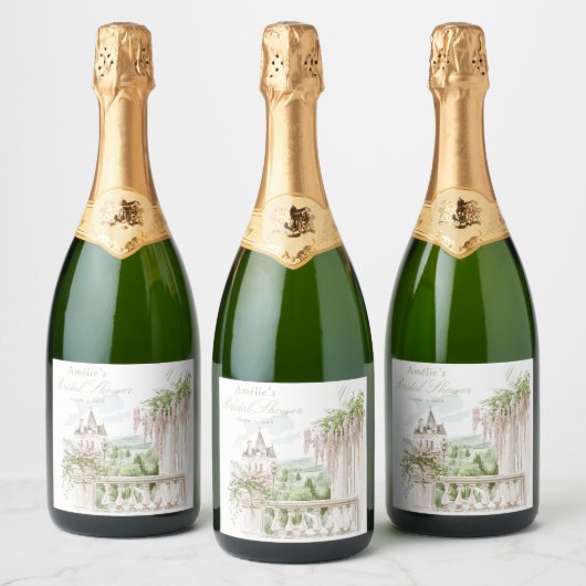 Romantische Franse tuin chateau bruidsdouche Sparkling Wijnetiket (Flessen)