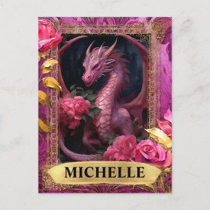 Romantische Fuchsia Draak en Rozen Fantasie Briefkaart