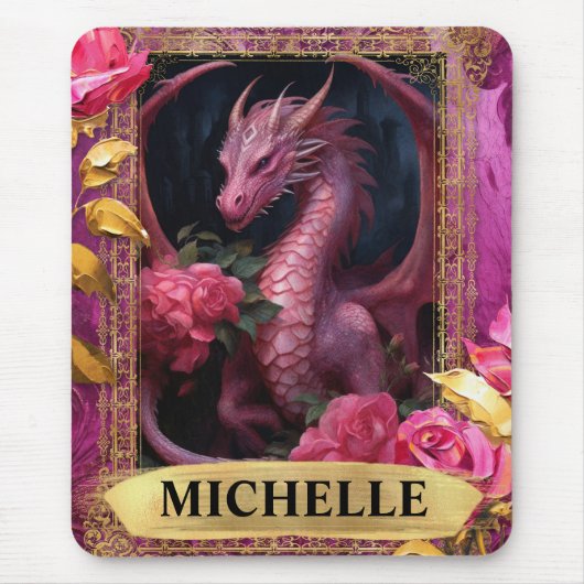 Romantische Fuchsia Draak en Rozen Fantasie Muismat (Voorkant)